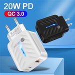 PD03 20W PD3.0 + QC3.0 USB 充電器，附 Type-C 對 Type-C 數據線，歐洲插頭，歐洲插頭 + Type-C 對 Type-C 線