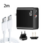 PD-65W USB-C / Type-C + QC3.0 USB 筆記型電腦充電器 + 2米 USB-C / Type-C 轉 USB-C / Type-C 數據線組合，歐盟插頭 / 美國插頭，USB-C / Type-C 數據線，歐盟插頭 / 美國插頭