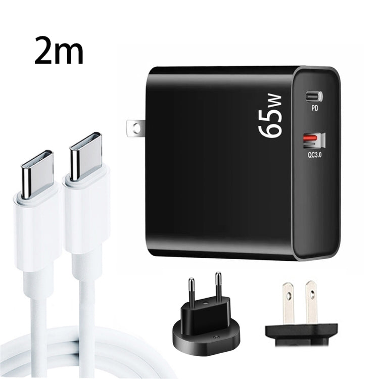 PD-65W USB-C / Type-C + QC3.0 USB 筆記型電腦充電器 + 2米 USB-C / Type-C 轉 USB-C / Type-C 數據線組合，歐盟插頭 / 美國插頭，USB-C / Type-C 數據線，歐盟插頭 / 美國插頭