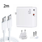 PD-65W USB-C / Type-C + QC3.0 USB 筆記型電腦充電器 + 2米 USB-C / Type-C 轉 USB-C / Type-C 數據線組合，歐盟插頭 / 美國插頭，USB-C / Type-C 數據線，歐盟插頭 / 美國插頭