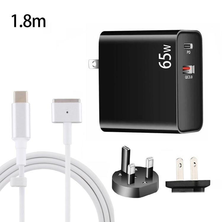 PD-65W USB-C / Type-C + QC3.0 USB 筆記型電腦充電適配器 + 1.8米 USB-C / Type-C對MagSafe 2 / T頭數據線，英規插頭 / 美規插頭，MagSafe 2 / T線，英規插頭 / 美規插頭