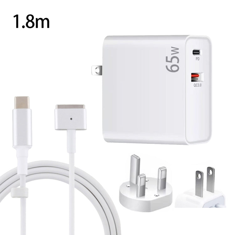 PD-65W USB-C / Type-C + QC3.0 USB 筆記型電腦充電適配器 + 1.8米 USB-C / Type-C對MagSafe 2 / T頭數據線，英規插頭 / 美規插頭，MagSafe 2 / T線，英規插頭 / 美規插頭