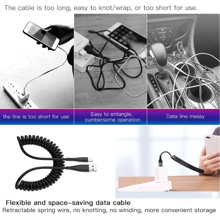 1.5米彈簧伸縮手機快充數據線，USB 轉 8 Pin，USB 轉 Type-C，USB 轉 Micro USB
