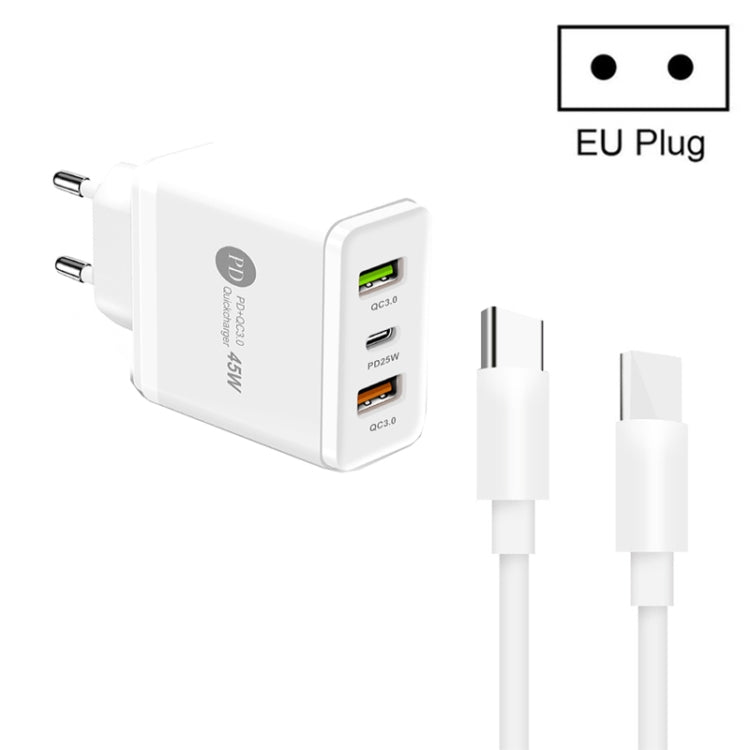 45W PD3.0 + 2 x QC3.0 USB 多埠充電器，附 Type-C 對 Type-C 線，歐洲插頭，歐洲插頭 + Type-C 對 Type-C 線