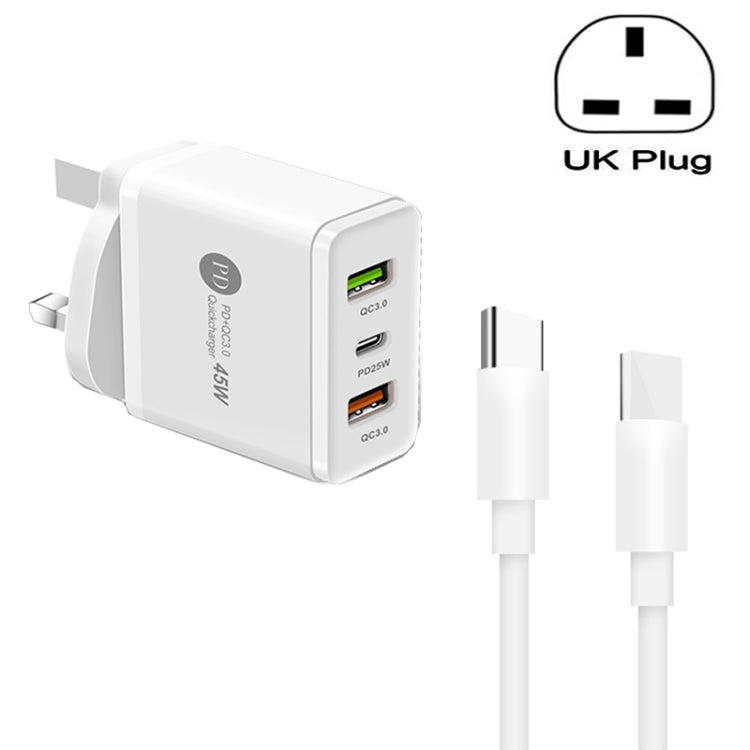 45W PD3.0 + 2 x QC3.0 USB 多埠充電器，附 Type-C 對 Type-C 線，英國插頭，英國插頭 + Type-C 對 Type-C 線