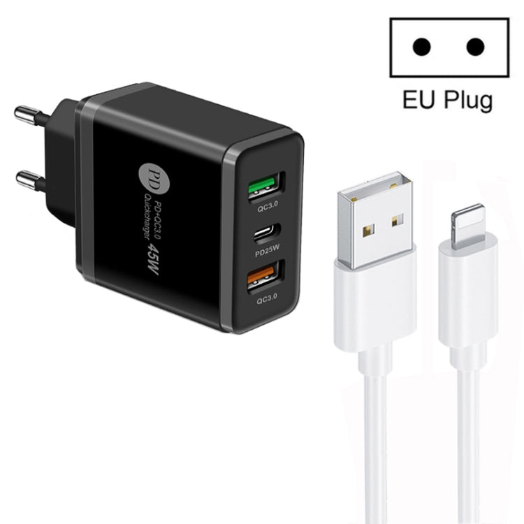 45W PD25W + 2 x QC3.0 USB 多埠充電器，附 USB 轉 8 Pin 線，歐規插頭，歐規插頭 + USB 轉 8 Pin 線