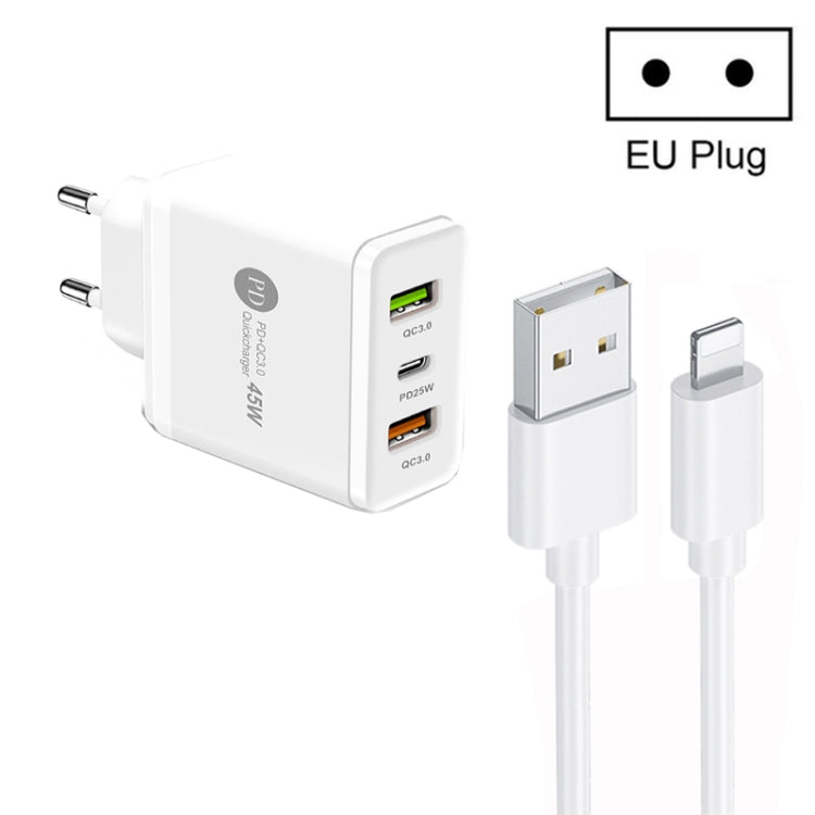 45W PD25W + 2 x QC3.0 USB 多埠充電器，附 USB 轉 8 Pin 線，歐規插頭，歐規插頭 + USB 轉 8 Pin 線