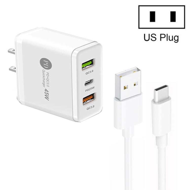 45W PD25W + 2 x QC3.0 USB 多埠充電器，附 USB 對 Type-C 線，美國插頭，美國插頭 + USB 對 Type-C 線