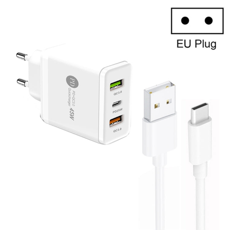 45W PD25W + 2 x QC3.0 USB 多埠充電器，附 USB 對 Type-C 線，歐洲插頭，歐洲插頭 + USB 對 Type-C 線