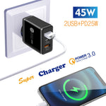 45W PD25W + 2 x QC3.0 USB Multi Port Charger with USB to Type-C Cable, UK Plug, UK Plug + USB to Type-C Cable