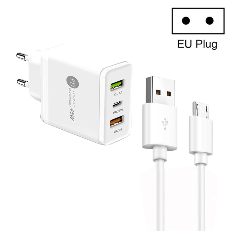 45W PD25W + 2 x QC3.0 USB 多埠充電器，附 USB 對 Micro USB 線，歐洲插頭，歐洲插頭 + USB 對 Micro USB 線