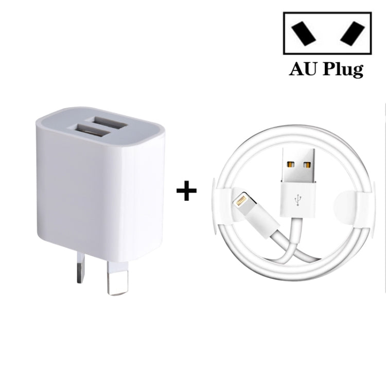 迷你雙埠USB充電器，附USB轉8針數據線，澳洲插頭，澳洲插頭 + 8針線