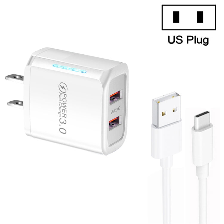 36W 雙埠 QC3.0 USB 充電器，附 3A USB 對 Type-C 數據線，美國插頭，美國插頭 + USB 對 Type-C 線