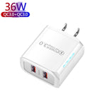 36W 雙埠 QC3.0 USB 充電器，附 3A USB 對 Type-C 數據線，美國插頭，美國插頭 + USB 對 Type-C 線