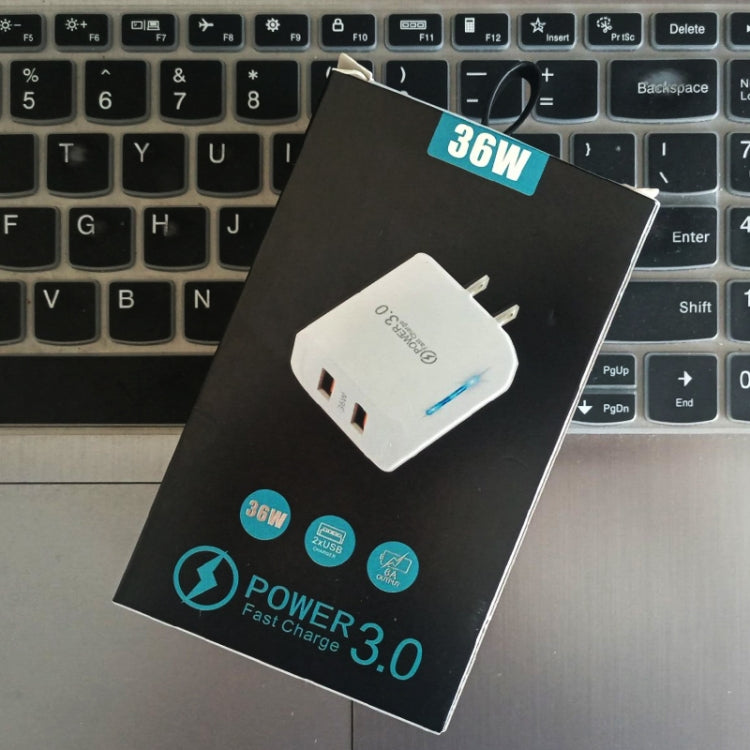 36W 雙埠 QC3.0 USB 充電器，附 3A USB 對 Type-C 數據線，美國插頭，美國插頭 + USB 對 Type-C 線