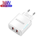 36W 雙埠 QC3.0 USB 充電器，附 3A USB 對 Type-C 數據線，歐洲插頭，歐洲插頭 + USB 對 Type-C 線