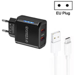 36W 雙埠 QC3.0 USB 充電器，附 3A USB 對 Type-C 數據線，歐洲插頭，歐洲插頭 + USB 對 Type-C 線