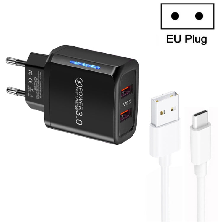36W 雙埠 QC3.0 USB 充電器，附 3A USB 對 Type-C 數據線，歐洲插頭，歐洲插頭 + USB 對 Type-C 線