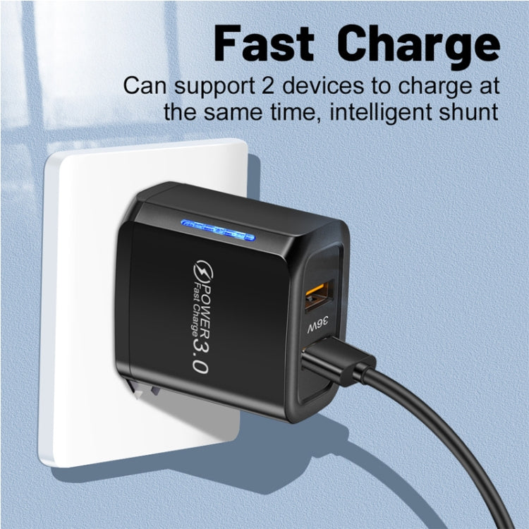 36W 雙埠 QC3.0 USB 充電器，附 3A USB 對 Type-C 數據線，歐洲插頭，歐洲插頭 + USB 對 Type-C 線