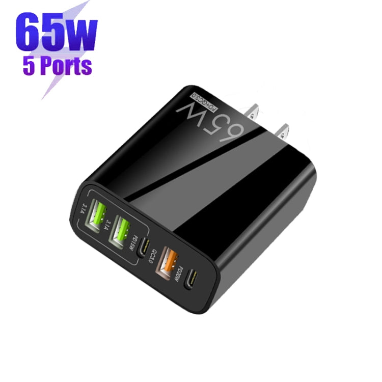 65W 雙 PD Type-C + 3 x USB 多埠充電器，適用手機和平板電腦，美規插頭，美規插頭