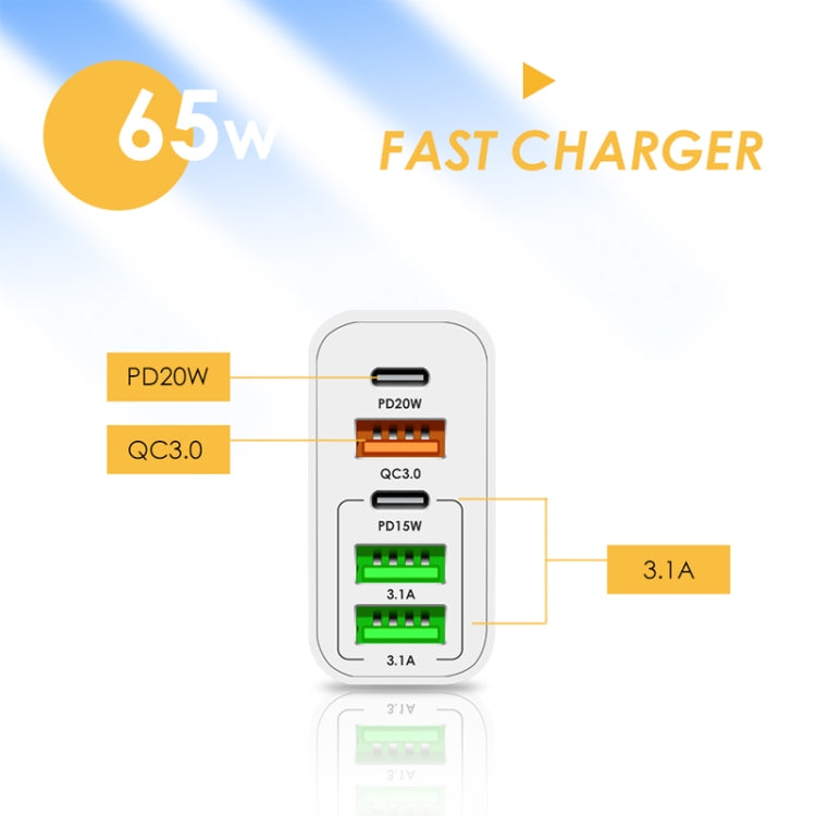 65W Dual PD Type-C + 3 x USB Multi Port Charger for Phone and Tablet PC, EU Plug, EU Plug