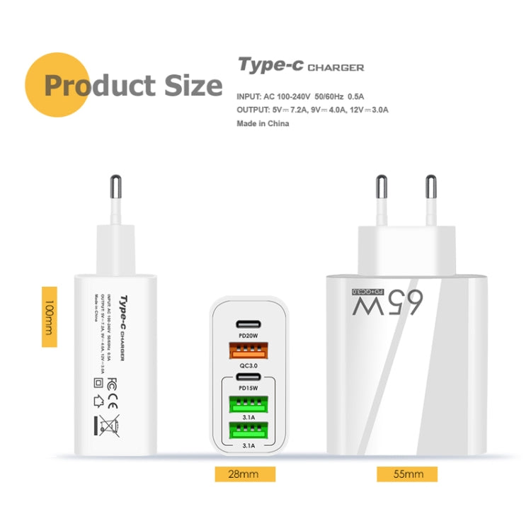 65W Dual PD Type-C + 3 x USB Multi Port Charger for Phone and Tablet PC, EU Plug, EU Plug