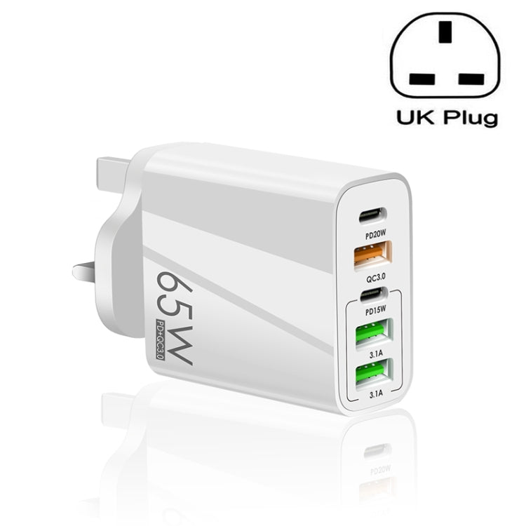 65W 雙 PD Type-C + 3 x USB 多埠充電器，適用手機和平板電腦，英規插頭，英規插頭