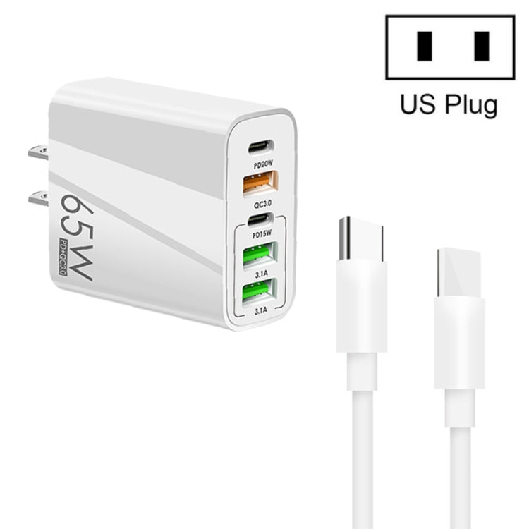 65W 雙 PD Type-C + 3 個 USB 多埠充電器，附 3A Type-C 對 Type-C 數據線，美規插頭，美規插頭 + Type-C 對 Type-C 數據線