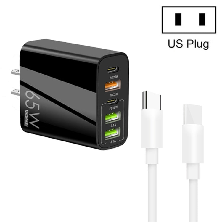 65W 雙 PD Type-C + 3 個 USB 多埠充電器，附 3A Type-C 對 Type-C 數據線，美規插頭，美規插頭 + Type-C 對 Type-C 數據線