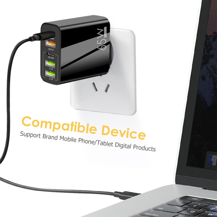 65W 雙 PD Type-C + 3 個 USB 多埠充電器，附 3A Type-C 對 Type-C 數據線，美規插頭，美規插頭 + Type-C 對 Type-C 數據線