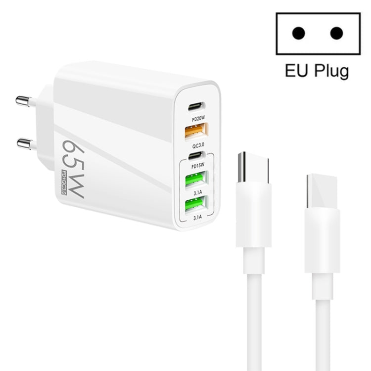 65W 雙 PD Type-C + 3 x USB 多埠充電器，附 3A Type-C 對 Type-C 數據線，美國插頭，歐洲插頭 + Type-C 對 Type-C 線