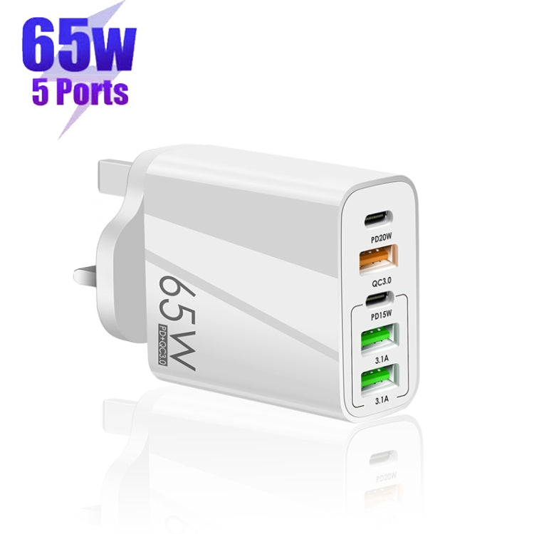 65W 雙 PD Type-C + 3 個 USB 多埠充電器，附 3A Type-C 對 Type-C 數據線，英規插頭，英規插頭 + Type-C 對 Type-C 數據線