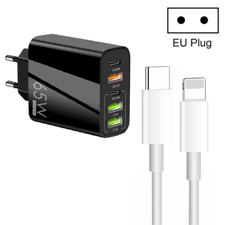 65W 雙 PD Type-C + 3 x USB 多埠充電器，附 3A Type-C 轉 8 Pin 數據線，歐規插頭，歐規插頭 + Type-C 轉 8 Pin 線