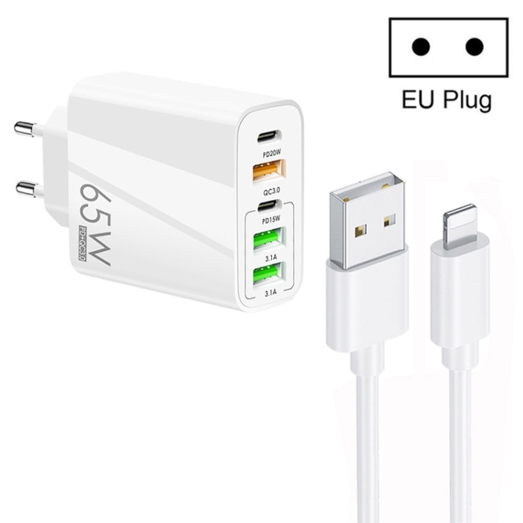 65W 雙 PD Type-C + 3 x USB 多埠充電器，附 3A USB 轉 8 Pin 數據線，歐規插頭，歐規插頭 + USB 轉 8 Pin 線