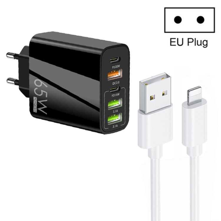 65W 雙 PD Type-C + 3 x USB 多埠充電器，附 3A USB 轉 8 Pin 數據線，歐規插頭，歐規插頭 + USB 轉 8 Pin 線