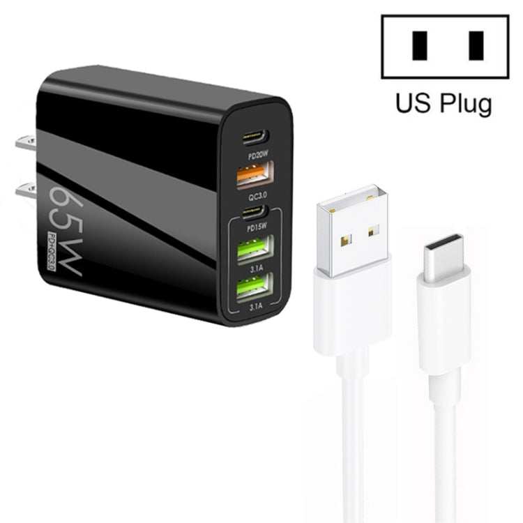 65W 雙 PD Type-C + 3 個 USB 多埠充電器，附 3A USB 對 Type-C 數據線，美規插頭，美規插頭 + USB 對 Type-C 數據線