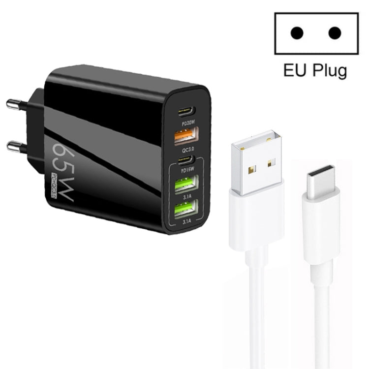 65W 雙 PD Type-C + 3 個 USB 多埠充電器，附 3A USB 對 Type-C 數據線，歐規插頭，歐規插頭 + USB 對 Type-C 數據線