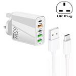 65W 雙 PD Type-C + 3 個 USB 多埠充電器，附 3A USB 對 Type-C 數據線，英規插頭，英規插頭 + USB 對 Type-C 數據線