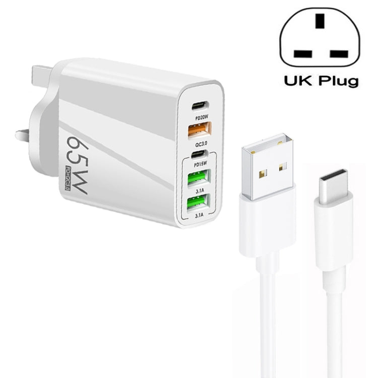 65W 雙 PD Type-C + 3 個 USB 多埠充電器，附 3A USB 對 Type-C 數據線，英規插頭，英規插頭 + USB 對 Type-C 數據線