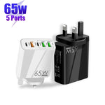 65W 雙 PD Type-C + 3 個 USB 多埠充電器，附 3A USB 對 Type-C 數據線，英規插頭，英規插頭 + USB 對 Type-C 數據線