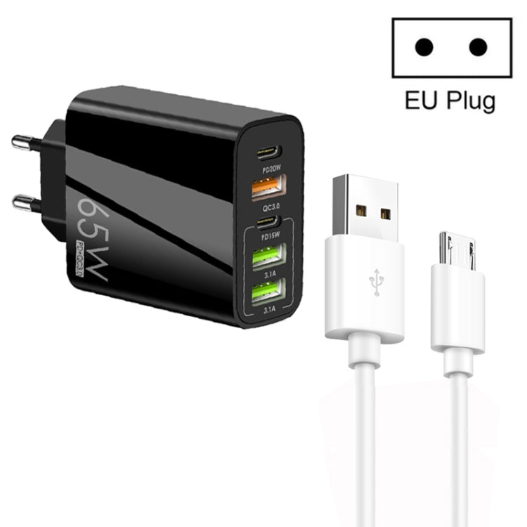 65W 雙 PD Type-C + 3 個 USB 多埠充電器，附 3A USB 對 Micro USB 數據線，歐規插頭，歐規插頭 + USB 對 Micro USB 數據線