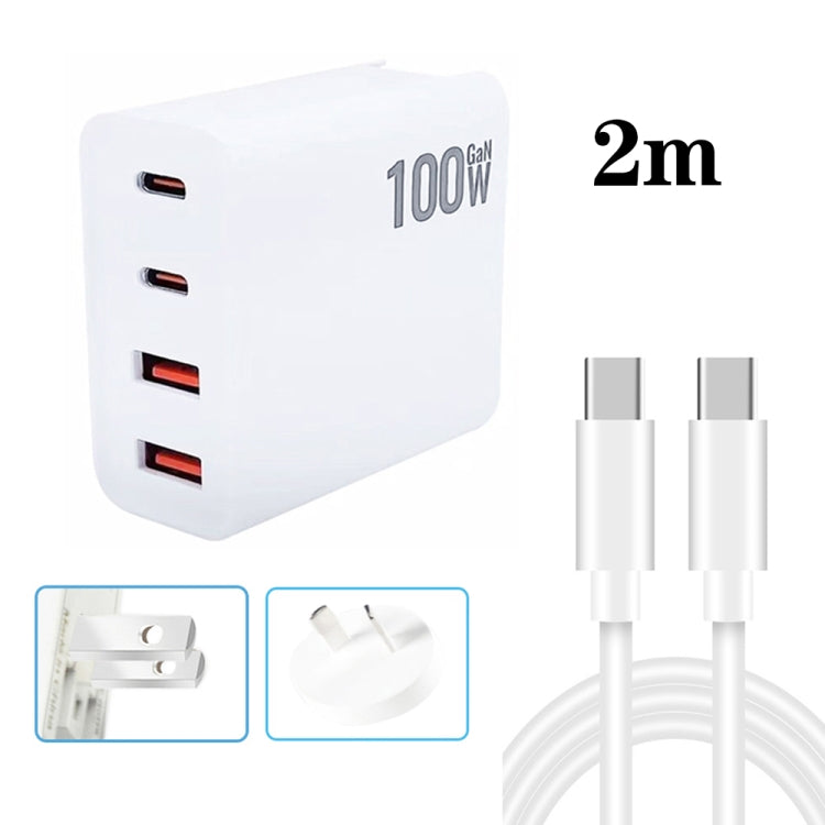 GaN 100W 雙 USB + 雙 USB-C/Type-C 多埠充電器，附 2米 Type-C 轉 Type-C 數據線組合，美國插頭，美國 / 歐盟插頭，美國 / 英國插頭，美國 / 澳洲插頭，美國 / 歐盟 / 英國插頭，美國 / 歐盟 / 英國 / 澳洲插頭