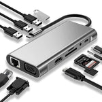 USB C 集線器，11合1 USB C 轉接器，具備4K HDMI、VGA、Type C PD、USB3.0、RJ45 乙太網路、SD/TF 卡讀卡器、3.5mm AUX，兼容 MacBook Pro/Air 及其他 Type C 筆電裝置的擴充底座