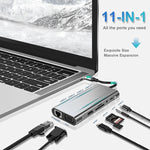 USB C 集線器，11合1 USB C 轉接器，具備4K HDMI、VGA、Type C PD、USB3.0、RJ45 乙太網路、SD/TF 卡讀卡器、3.5mm AUX，兼容 MacBook Pro/Air 及其他 Type C 筆電裝置的擴充底座