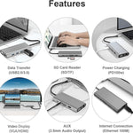 USB C 集線器，11合1 USB C 轉接器，具備4K HDMI、VGA、Type C PD、USB3.0、RJ45 乙太網路、SD/TF 卡讀卡器、3.5mm AUX，兼容 MacBook Pro/Air 及其他 Type C 筆電裝置的擴充底座