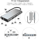 USB C 集線器，11合1 USB C 轉接器，具備4K HDMI、VGA、Type C PD、USB3.0、RJ45 乙太網路、SD/TF 卡讀卡器、3.5mm AUX，兼容 MacBook Pro/Air 及其他 Type C 筆電裝置的擴充底座