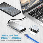 USB C 集線器，11合1 USB C 轉接器，具備4K HDMI、VGA、Type C PD、USB3.0、RJ45 乙太網路、SD/TF 卡讀卡器、3.5mm AUX，兼容 MacBook Pro/Air 及其他 Type C 筆電裝置的擴充底座