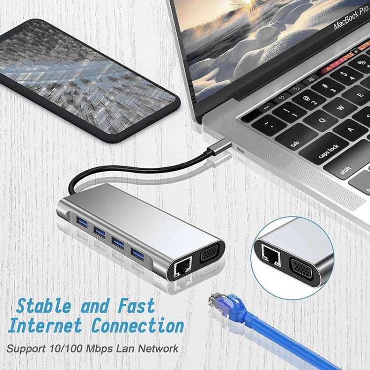 USB C 集線器，11合1 USB C 轉接器，具備4K HDMI、VGA、Type C PD、USB3.0、RJ45 乙太網路、SD/TF 卡讀卡器、3.5mm AUX，兼容 MacBook Pro/Air 及其他 Type C 筆電裝置的擴充底座