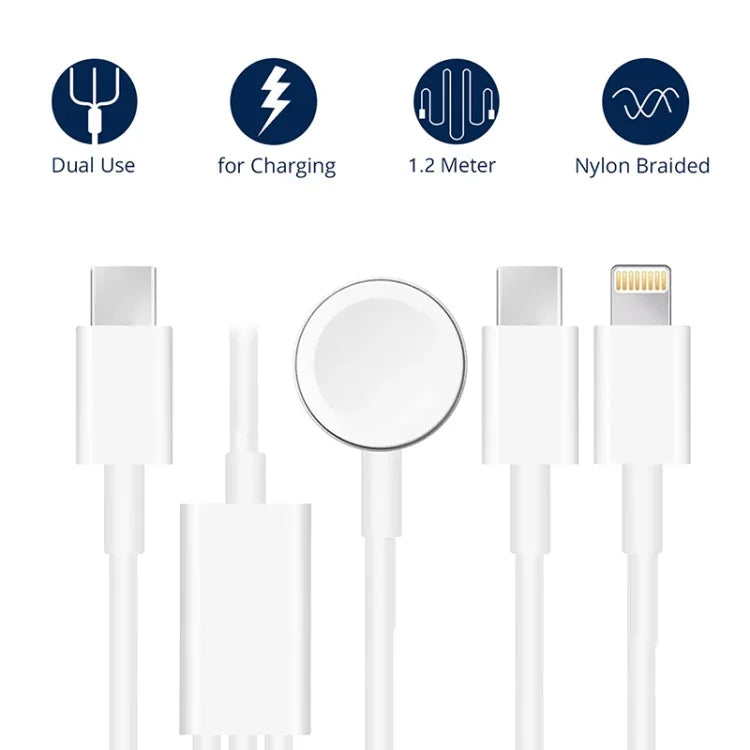 適用於 Apple Watch 系列與具雙 Type-C 插頭手機 三合一 USB 磁吸充電線 4英尺/1.2米，DS-XB020