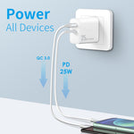 NORTHJO NOPD2502 PD 25W USB-C/Type-C + QC 3.0 USB 雙埠快速充電器，美規插頭，歐規插頭，英規插頭，澳規插頭